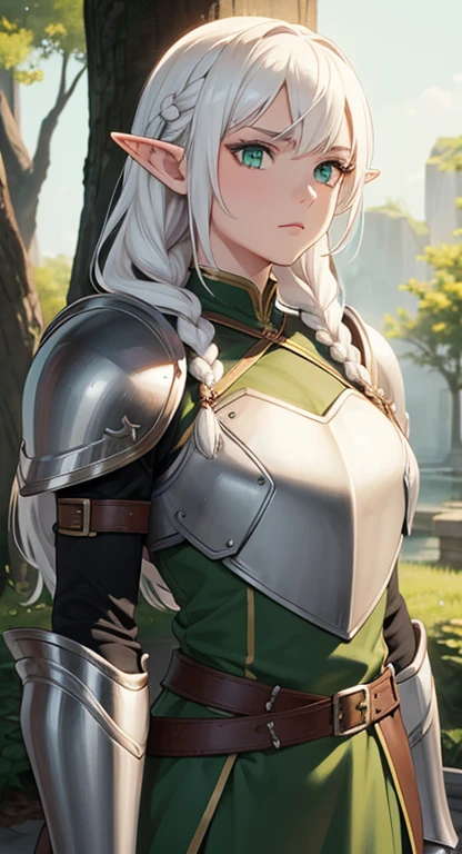 masterpiece, best quality, solo, warrior, braids, green eyes, white hair, elf, armor,