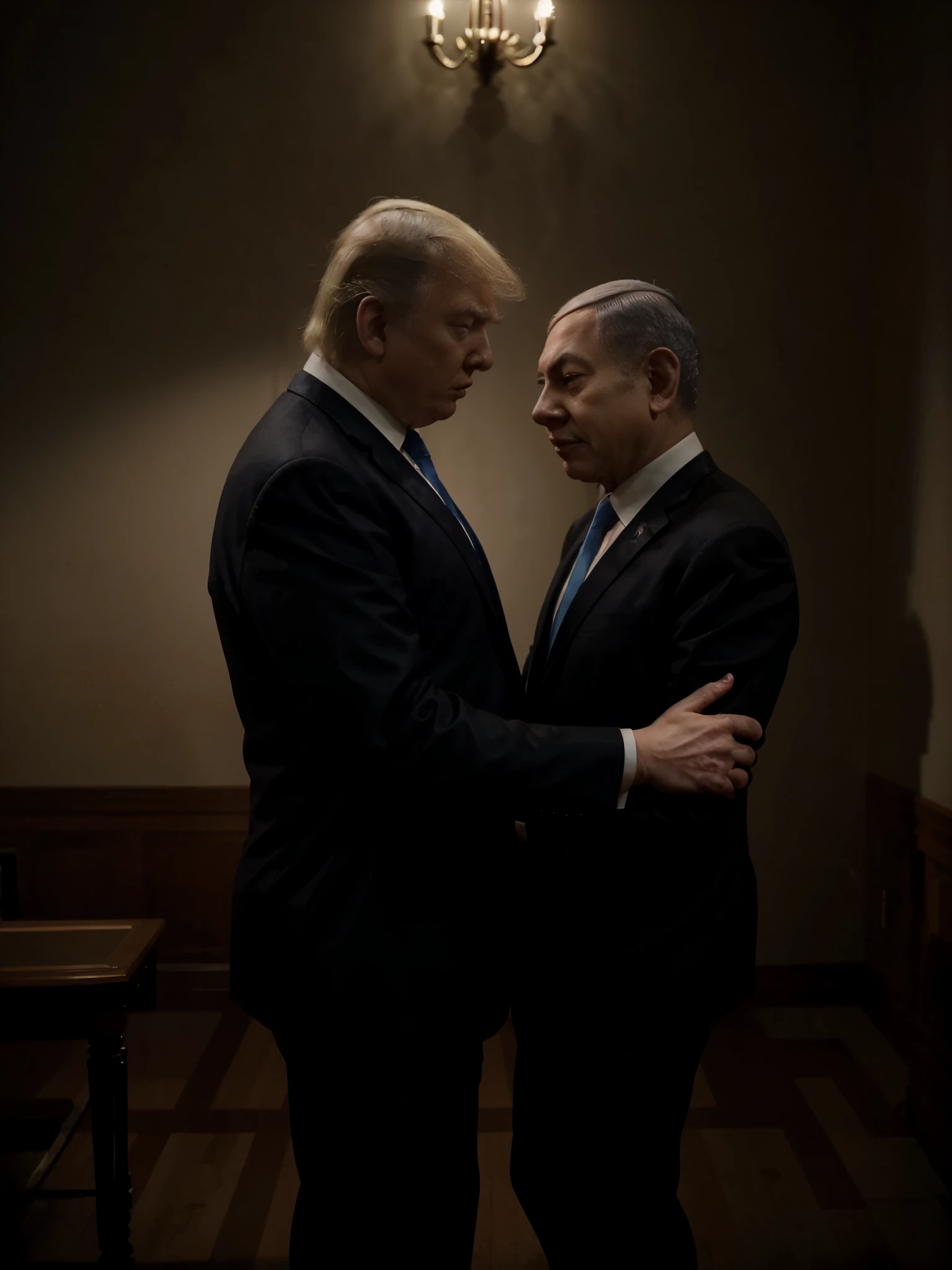 In the low-light room, Two men posing political behave, hugging or shake hands, ((Donald Trump and Netanyahu)), size of Donald Trump:1.2, Facing each other,Among them, The first man is an old man, And the other is young, With an atmosphere of concentration in the discussion between them and a deep look, Wear a black suit, The young man enthusiastic expression, focus two men, Contrast lighting, delicate skin,Cinematic, HD, details , Realistic, Get to know a professional photo, soft lighting, highs quality, Best Quality, 