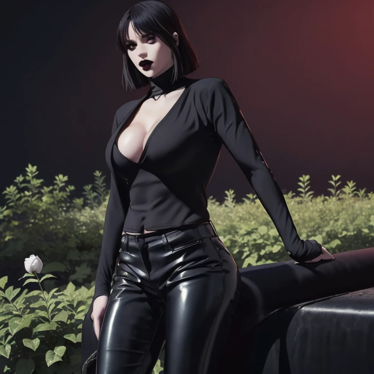 Manhwa goth girl, manhwa aesthetic, Looking at the audience, Light brown eyes:1.4, goth girl, Brunette long Bob Hair with highly detailed shiny hair, bright red clothes:1.4, Lepangas:1.4), illuminated skin (realistic texture), realistic shading, bright red eyes、{Huge|big chest|Huge|Mega} whole :2, Chest cleavage:2、(((Add highlights to the eyes:1.4、charming look 、Short Bob Hair、Glowing Skin:1.4、Looking at the audience、She is very beautiful and cute、Beautiful long neck, (cotton) black gothic shirt, latex tight pants, (converse) black sneakers, Ideal body type, (painted gothic Background:2、gothic garden background:2))、Beautiful long neck:1.4、(({Huge|big|Huge|Mega} chest, Chest cleavage:2、perfect Bodyは服を着ていない:1.6)),Perfect Anatomy, blade to side, strike pose, blade down, blade right hand, blurred background  (masterpiece), best quality, high quality, highres, ultra-detailed), different poses at different angles. 