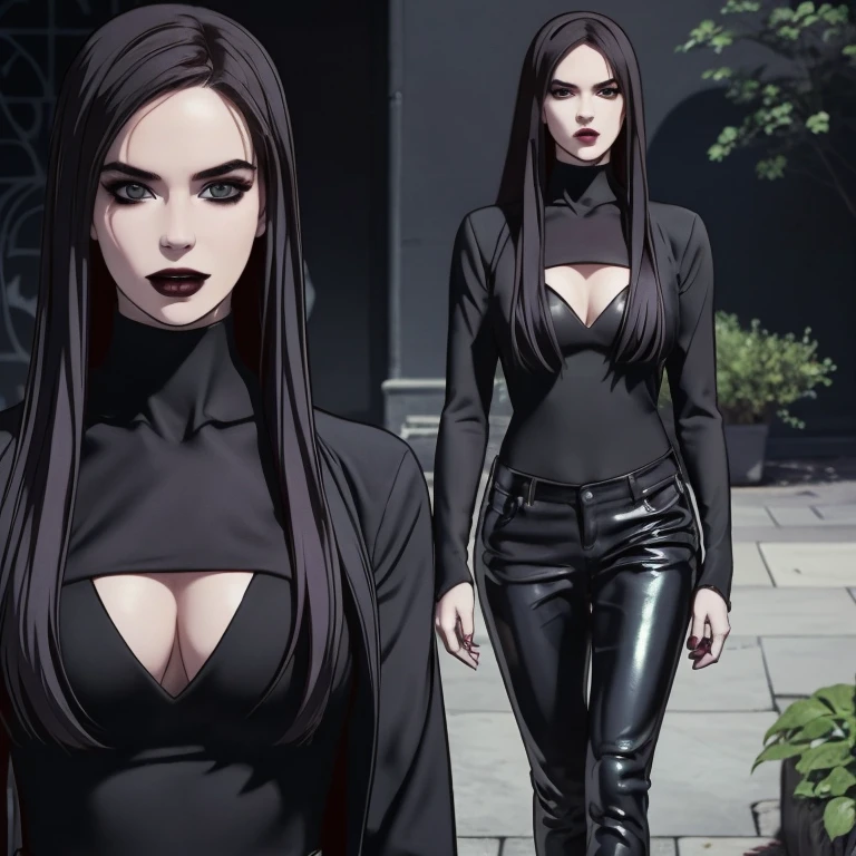 Manhwa goth girl, manhwa aesthetic, Looking at the audience, Light brown eyes:1.4, goth girl, Brunette long Bob Hair with highly detailed shiny hair, bright red clothes:1.4, Lepangas:1.4), illuminated skin (realistic texture), realistic shading, bright red eyes、{Huge|big chest|Huge|Mega} whole :2, Chest cleavage:2、(((Add highlights to the eyes:1.4、charming look 、Short Bob Hair、Glowing Skin:1.4、Looking at the audience、She is very beautiful and cute、Beautiful long neck, (cotton) black gothic shirt, latex tight pants, (converse) black sneakers, Ideal body type, (painted gothic Background:2、gothic garden background:2))、Beautiful long neck:1.4、(({Huge|big|Huge|Mega} chest, Chest cleavage:2、perfect Bodyは服を着ていない:1.6)),Perfect Anatomy, blade to side, strike pose, blade down, blade right hand, blurred background (masterpiece), best quality, high quality, highres, ultra-detailed), different poses at different angles.