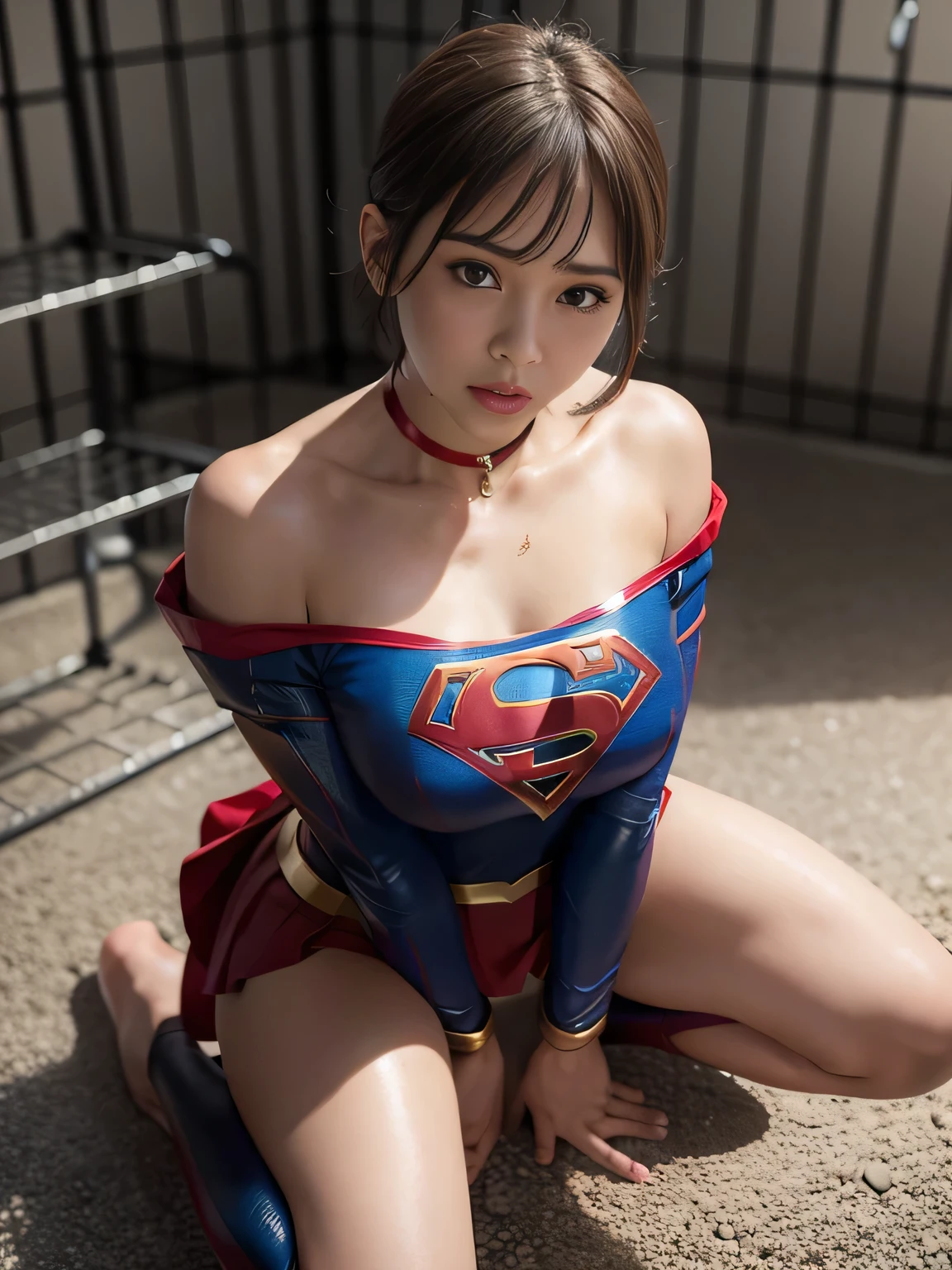 masterpiece、Supergirl Costume、short hair、barefoot、Big and ample breasts、Crisis situation、Complete surrender、prison、In a cage、Feeling of abuse、Kneel、Sweaty、Shiny、looking at the camera、Seduce、choker、Long sleeve、Red exy pose、POW camps、Humiliating、Off the shoulder、latex、Lock、