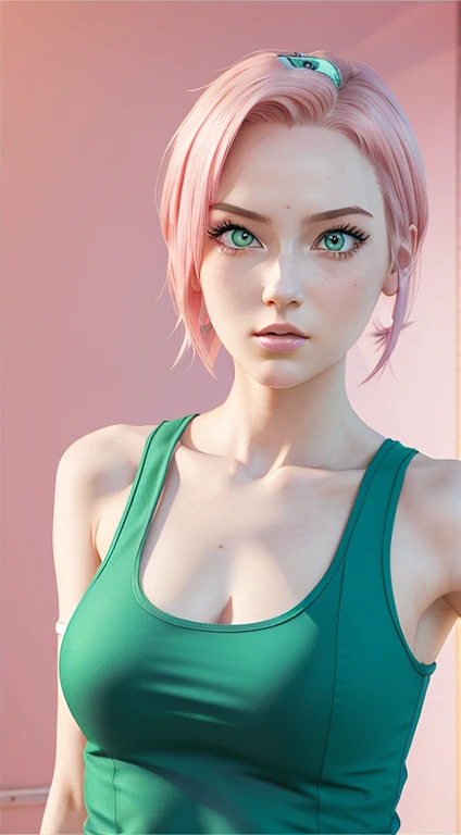 young woman, short shoulder-length pink hair, wide forehead, porcelain skin, pink eyebrows, big emerald green eyes, buttoned nose, full lips, heart-shaped face, slender body, small breasts, red tank top, Sakura Haruno , realistic, realism, details, 3d, well detailed
