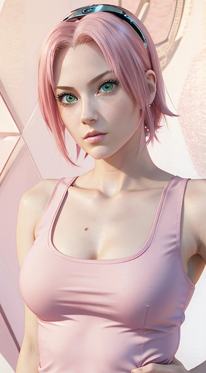 young woman, short shoulder-length pink hair, wide forehead, porcelain skin, pink eyebrows, big emerald green eyes, buttoned nose, full lips, heart-shaped face, slender body, small breasts, red tank top, Sakura Haruno , realistic, realism, details, 3d, well detailed