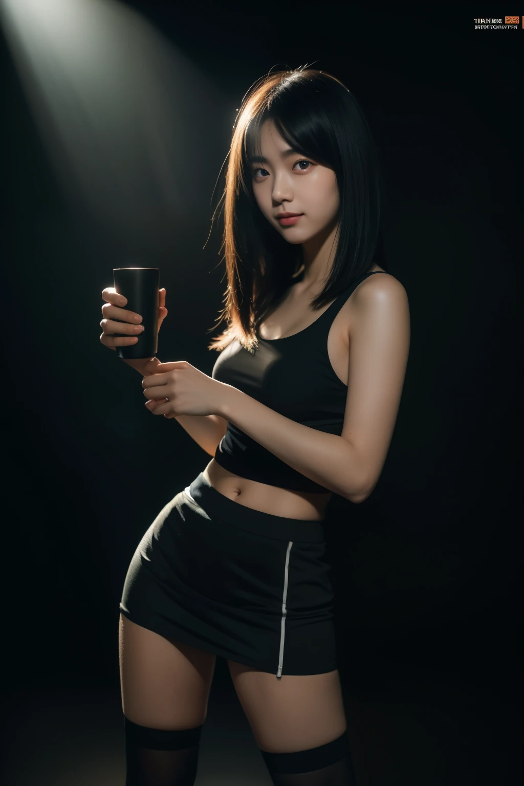 a 20-year-old Korean woman,model,black hair,socks,black miniskirt,lite smile,perfect fit,long legs,cute,staying in a dark room,dynamic lighting,two-colored light,rays tracing,NVIDIA RTX,highly detailed,high-resolution,subsurface scattering,PBR textures,post-processing,anisotropic filtering,depth of field,maximum definition and sharpness,many-layer textures,albedo and specular maps,surface coloring,accurate simulation of light-material interactions,two-colored lighting,large aperture,low ISO,white balance,the rule of thirds,8K raw data,black stockings.