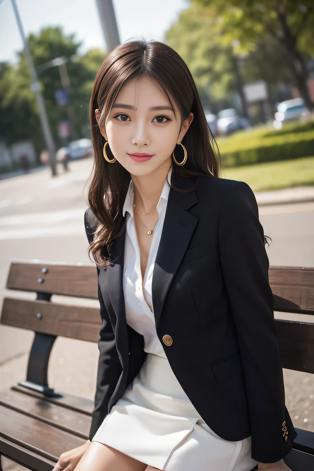 1 female), beautiful, Great face and eyes, Compensate, (Very detailedbeautiful顔), Captivating smile, (highest quality:1.4), (Very detailed), (very detailed CG synthesis 8k wallpaper), Very detailed, RAW Photos, Professional photography, (Dark colored suit, White mini skirt:1.2), (A business shirt with a wide open chest), length, light brown, Messy Hair、Big earrings、Sitting on a bench、