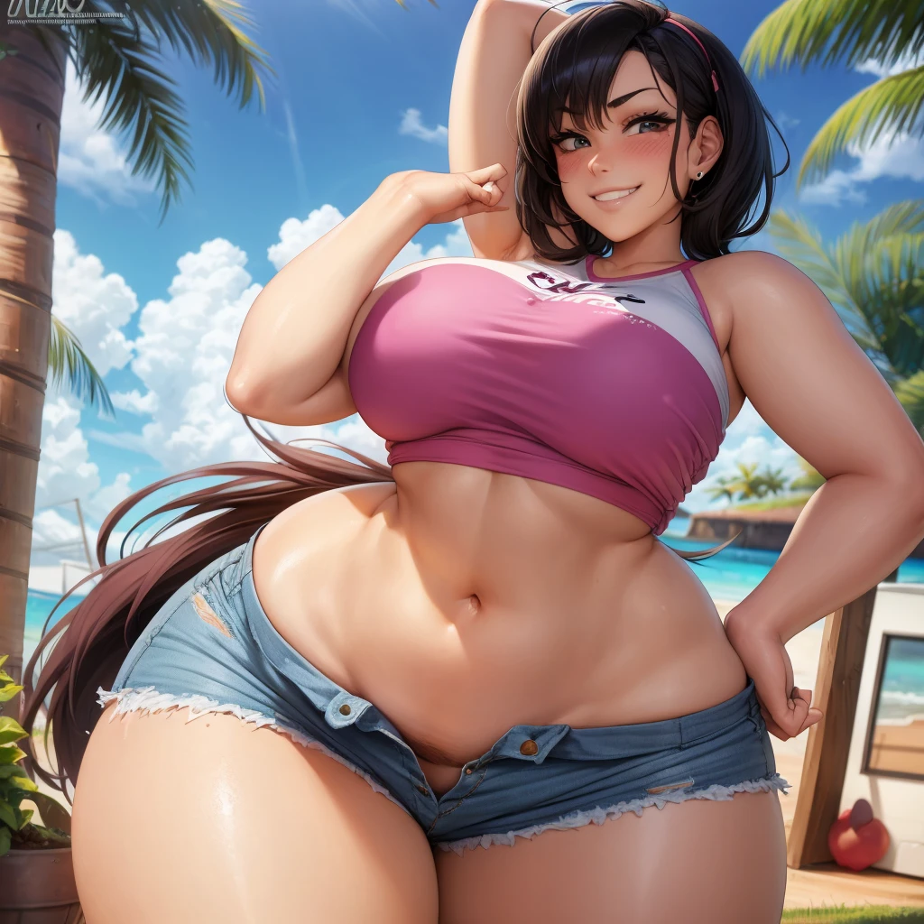 Your beautiful gorgeous sexy curvy tomboy girlfriend wearing a crop top and booty shorts,solo, blushing, grinning, accidentally cute pose, she knows you’re trying to make her fat,