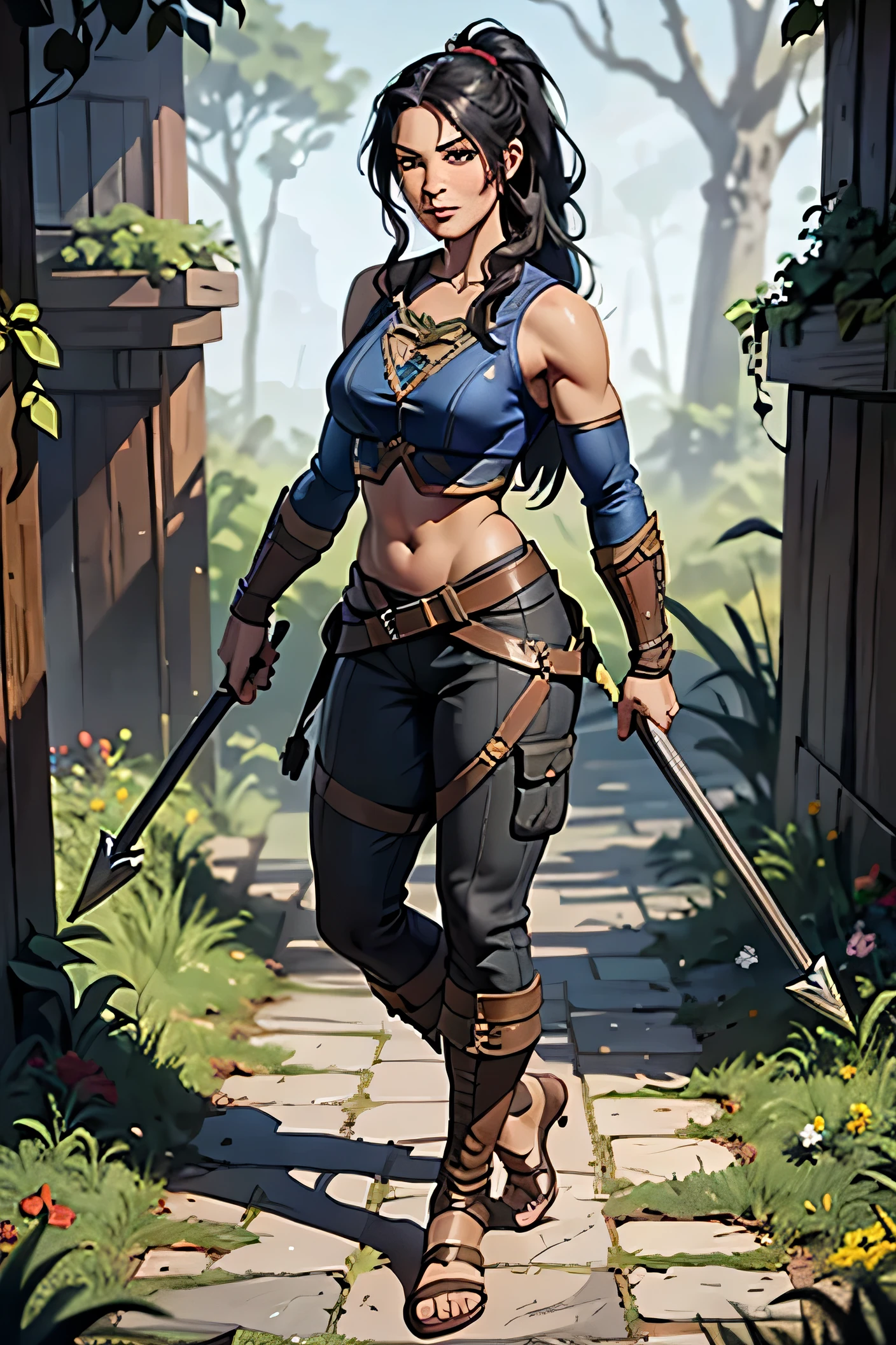 Barbarian Druid outfit, woodland armor, flowers and vines made into an outfit, Solo, female, slightly muscular, slightmuscle, big blue eyes, fantasy outfit, forest, pants, cropped jacket, modest clothingBlack hair, Black curly long hair in a ponytail, light eyes, tall and Toned woman, Barbarian woman, full body, aesthetic, beautiful woman,fantasy clothing, (masterpiece, best quality:1.2), solo, 1girl, smile, looking at viewer, ponytail, sandals, bare arms, no sleeves, red and blue outfit, cargo pants