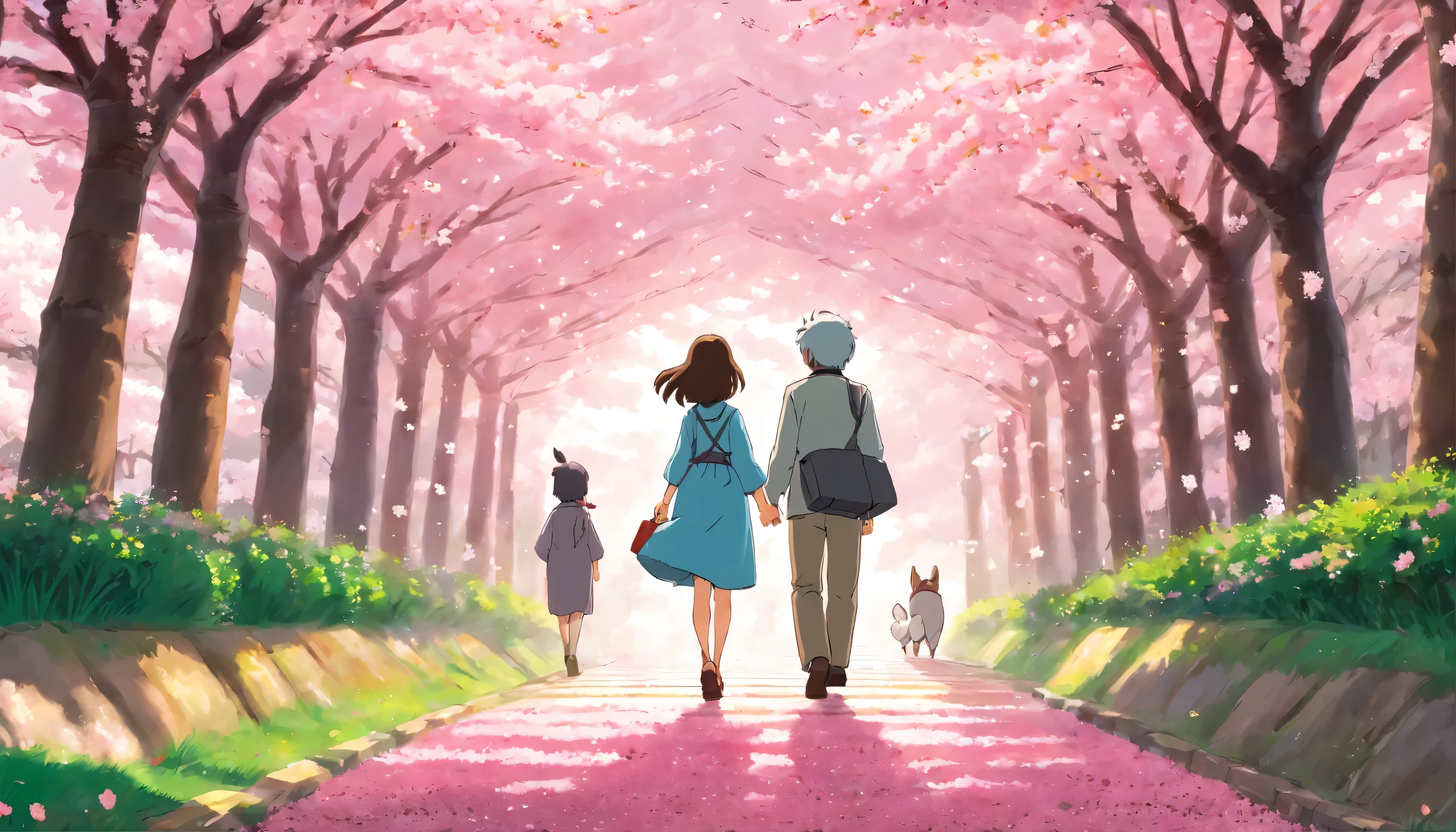 Walking under the rows of cherry blossom trees as the blossoms fall