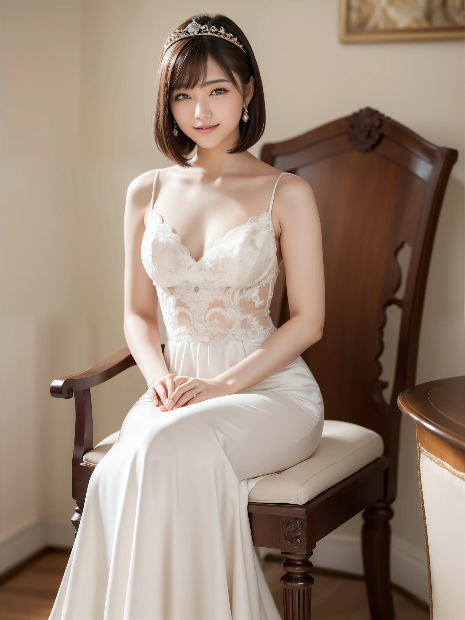 (highest quality:1.5)、(Realistic:1.5)、(1 person:1.5)、(Medium Shot:1.5)、Very detailed、High resolution、8k wallpaper、、Small breasts、Natural color lips、Cute Smile、Japanese women、20-year-old girl、Beautiful and elegant face、Perfect and beautiful face、Large, balanced eyes、Brunette's eyes、Beautiful and elegant face、Beautiful double eyelids、Natural Bangs、Beautiful thin nose、Beautiful Skin、Fair skin、Medium Bob Hair、Natural Bangs、Perfect and beautiful face、Slim face and figure、(Looking at the camera with a sweet smile)、Bright lighting、Professional Lighting、Forward lighting、Wedding dress、tiara、(マーメイドラインのWedding dressを着て)、(Sitting with his feet together on a gorgeous chair like a castle throne)、