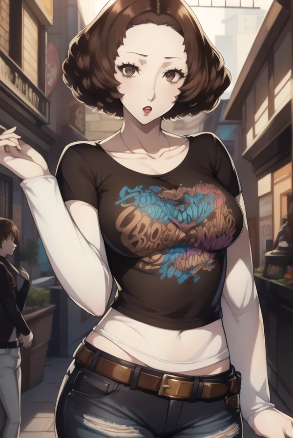 haruokumura, haru okumura, (brown eyes:1.5), brown hair, short hair,1girl, solo, standing, black t-shirt, white shirt, blue jeans, belt, lipstick, large breasts, layered sleeves