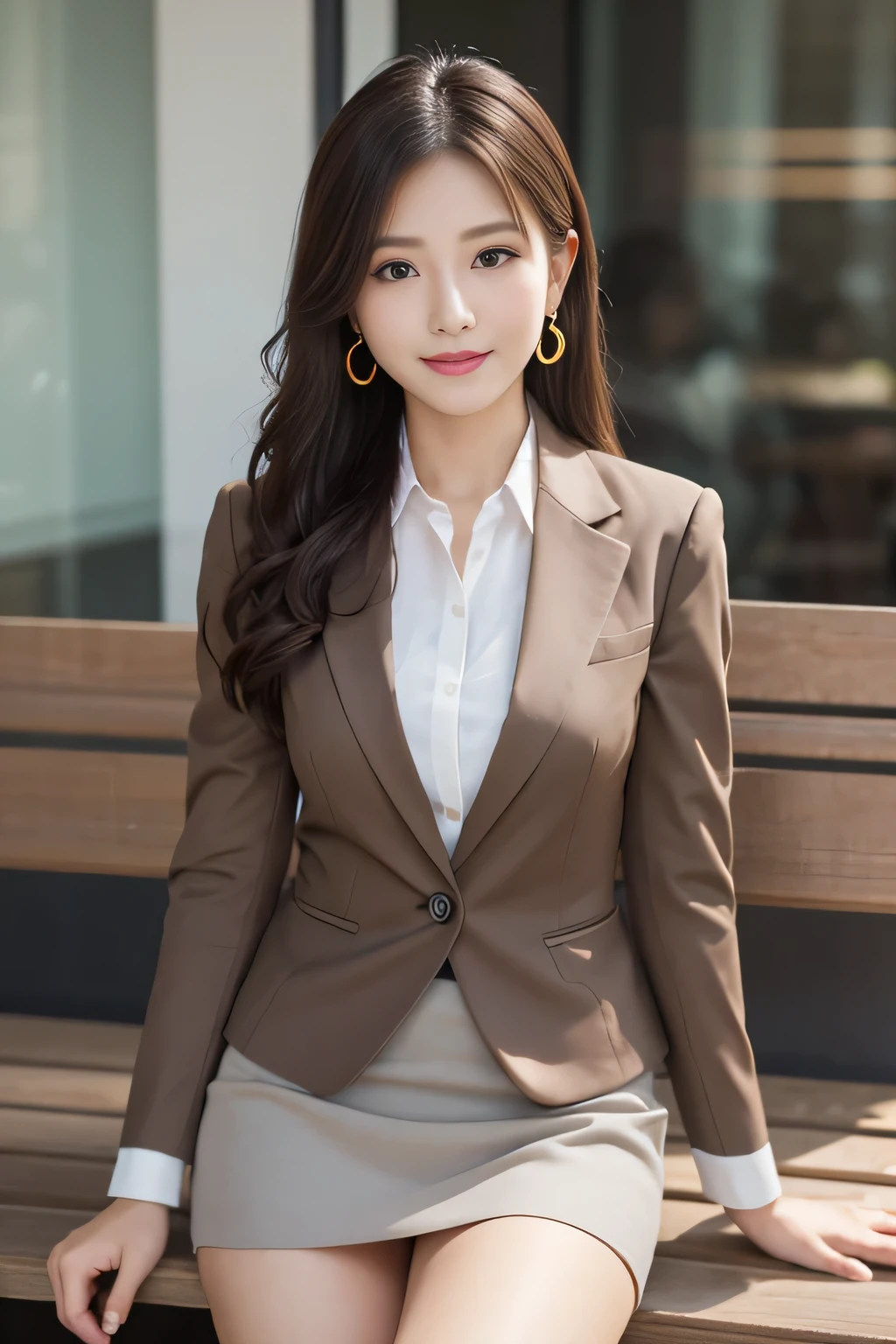 1 female), beautiful, Great face and eyes, Compensate, (Very detailedbeautiful顔), Captivating smile, (highest quality:1.4), (Very detailed), (very detailed CG synthesis 8k wallpaper), Very detailed, RAW Photos, Professional photography, (Dark colored suit, White mini skirt:1.2), (A business shirt with a wide open chest), length, light brown, Messy Hair、Big earrings、Sitting on a bench、
