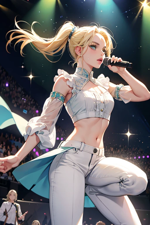 Britney with blond hair and blue-green eyes. She is usually seen wearing her stage outfit, which consists of a one-sleeved white blouse that is cut short exposing her midriff, loose white pants with one side snagged against her hipbone, and white boots. She also has a microphone attached to her ear while she is on stage in some episodes. SPARKLE; GLITTER