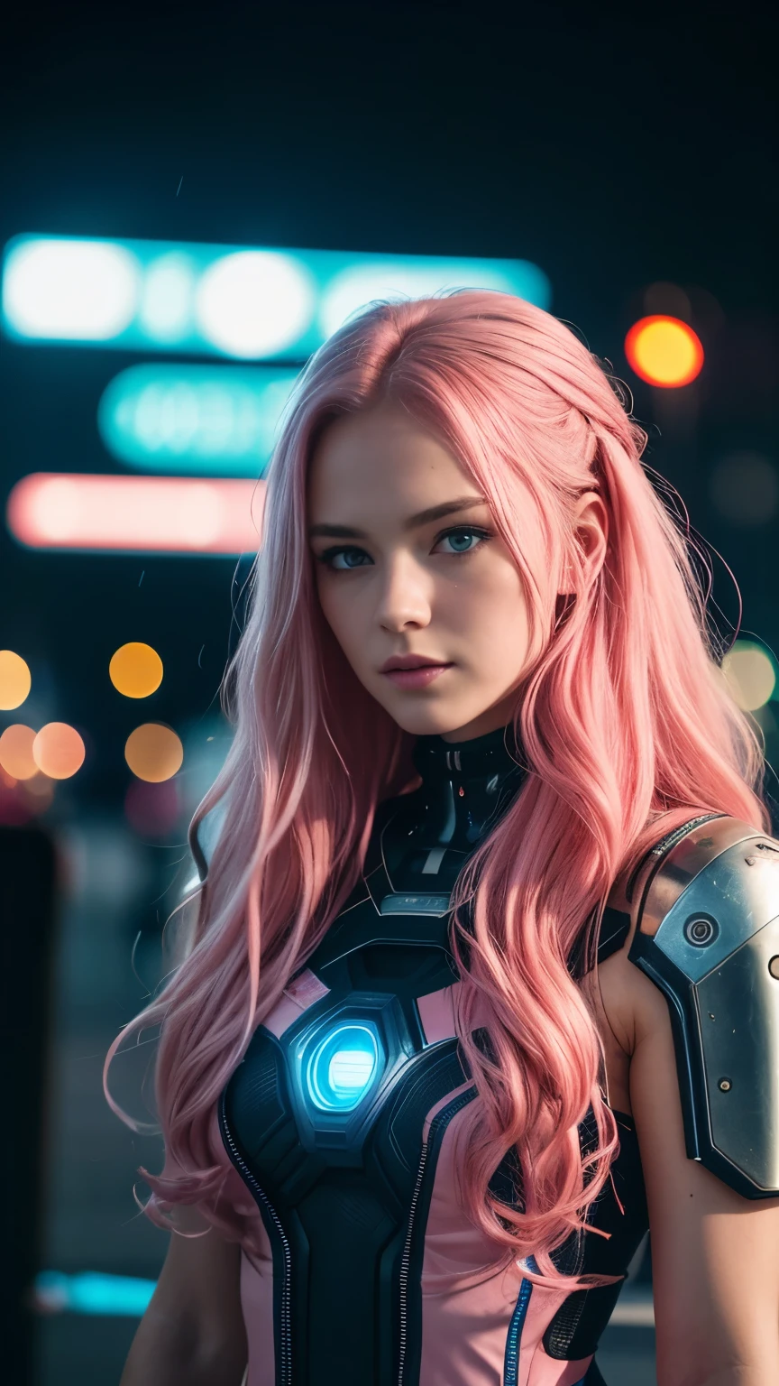 Angela is a beautiful 19 year old woman, long, wavy, pink hair, detailed blue eyes, detailed face, camera-ready, high-detail skin, strong compact body, (medium cup size), wearing high-detail cyberpunk dress , pink color, futuristic cyberpunk city background, Misty, humid, Raining, Best masterpiece quality, photo realistic, intricately detailed, 8k, HDR, shallow depth of field, wide light, high contrast, backlight, Flags light, chromatic aberration, sharp focus, RAW color photo, looking at the camera, shipping