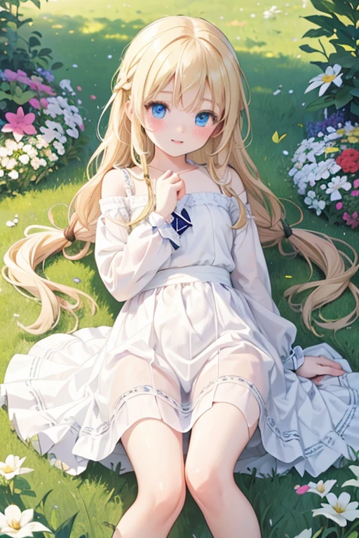 (8k, highest quality, Tabletop:1.2)、Ultra-high resolution、One , Perfect Fingers, Detailed face, Blushing, blue eyes, Blonde, Braid, White panties, White dress, garden, flower bed, Lying on the grass