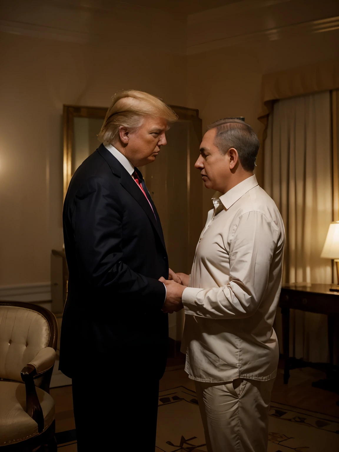 In the low-light room, Two men posing political behave, hugging or shake hands, ((Donald Trump and Netanyahu)), size of Donald Trump:1.2, Facing each other,Among them, The first man is an old man, And the other is young, With an atmosphere of concentration in the discussion between them and a deep look, Wear a black suit, The young man enthusiastic expression, focus two men, Contrast lighting, delicate skin,Cinematic, HD, details , Realistic, Get to know a professional photo, soft lighting, highs quality, Best Quality,
