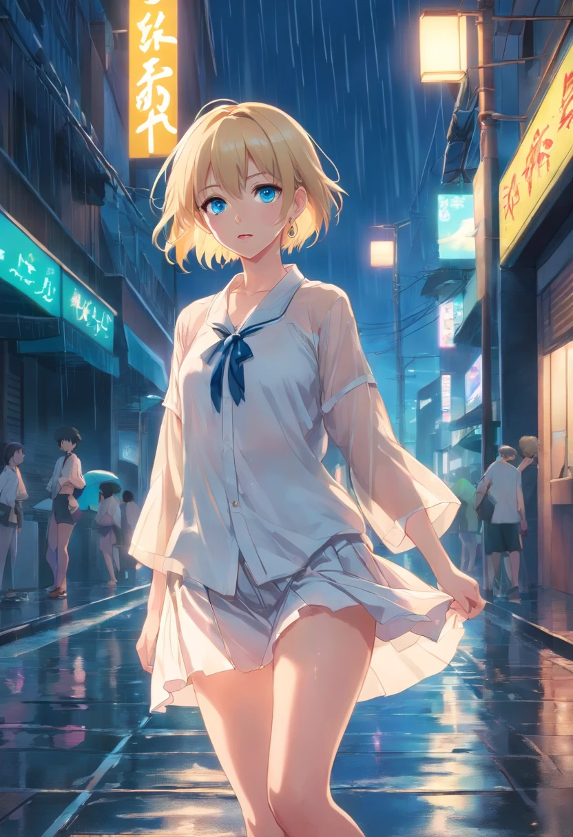 17 years old Women, ((Blonde)), ((Blue eyes)), ((Short hair)), ((Full body)), very detailed makeup, pale pink lipstick, long earrings, dressed in a white blouse without bra, translucid and miniskirt, stiletto shoes, in the rain, wet body, at night, scared ((whole body))
