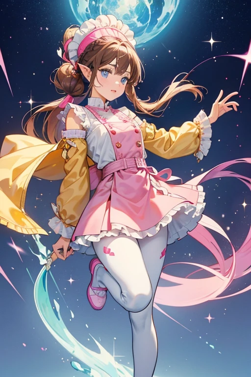She has dark blue eyes, brown shoulder length hair with her bangs parted on the corner and braided, apricot skin and pointy ears. she wears a white chef jacket with pink detail and a pink bean-shaped pocket to accent the glittery, sky-blue bean buttons on the torso and sleeve cuffs. This is paired with a frilly yellow and white skirt. Underneath the chef jacket, she wears a pink t-shirt with a white collar and white and dark pink sleeve ends, as well as a sky-blue bean symbol on the front. On her feet, she wears pink Mary Jane-style shoes that have a yellow ring around the sole and a yellow butterfly on the corner of the strap. She also wears pink capris leggings with sky blue bean symbols on them. SPARKLE; GLITTER