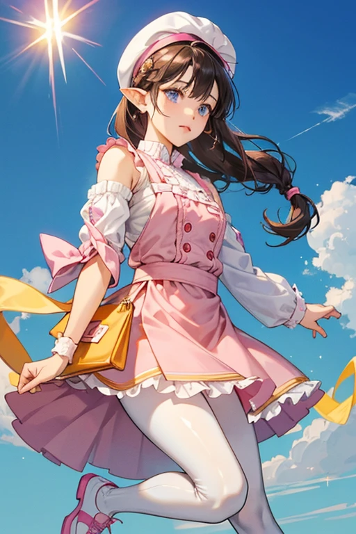 She has dark blue eyes, brown shoulder length hair with her bangs parted on the corner and braided, apricot skin and pointy ears. she wears a white chef jacket with pink detail and a pink bean-shaped pocket to accent the glittery, sky-blue bean buttons on the torso and sleeve cuffs. This is paired with a frilly yellow and white skirt. Underneath the chef jacket, she wears a pink t-shirt with a white collar and white and dark pink sleeve ends, as well as a sky-blue bean symbol on the front. On her feet, she wears pink Mary Jane-style shoes that have a yellow ring around the sole and a yellow butterfly on the corner of the strap. She also wears pink capris leggings with sky blue bean symbols on them. SPARKLE; GLITTER