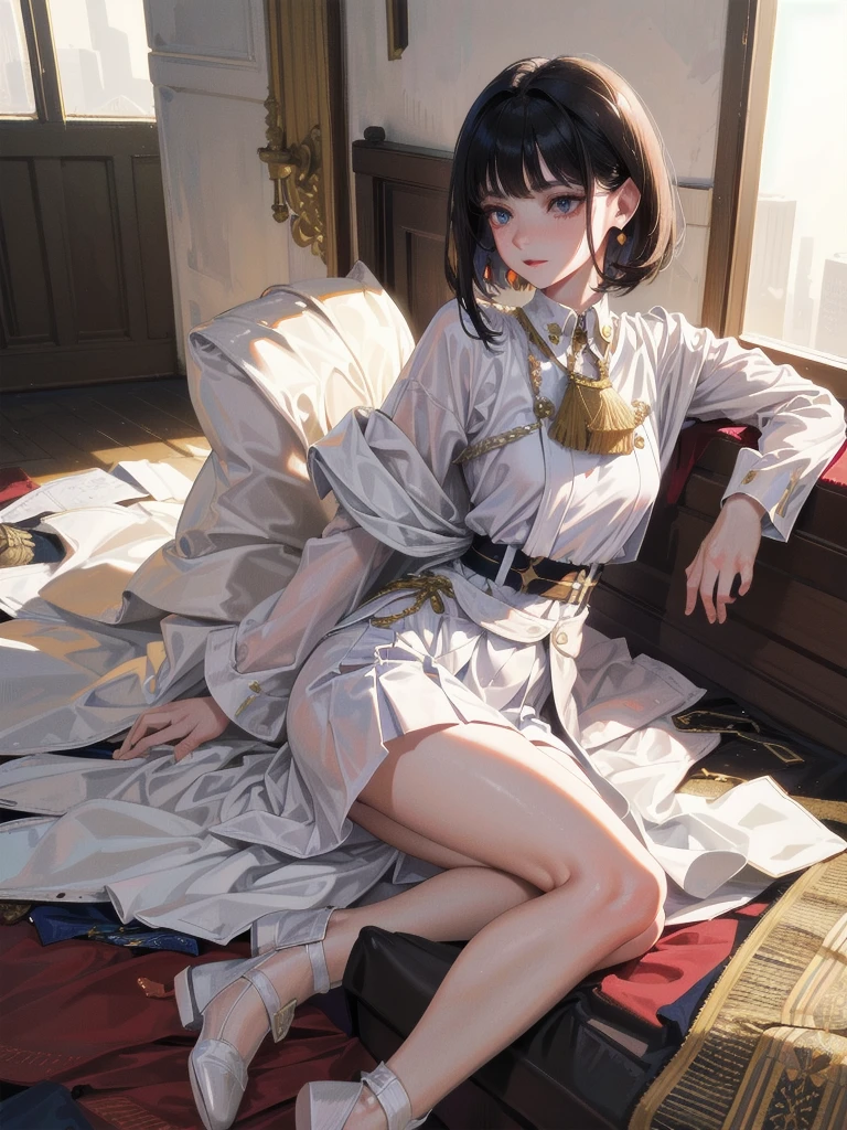 military uniform, absurdres, RAW photo, extremely delicate and beautiful, masterpiece, Best Quality, ultra high resolution, 32k, hyperrealistic, ultra-detailed, detailed description, pale skin, 20 years old, tearful mole, earring, Colossal tits, short medium hair, wavy hair, pleated skirt,