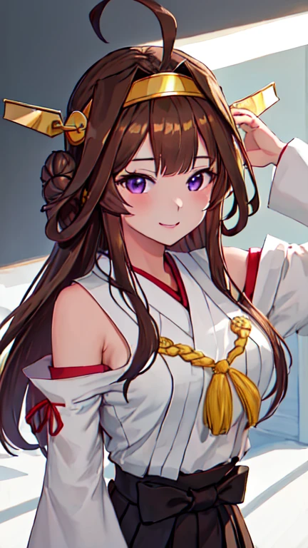 mejor calidad, Obra maestra, high resolution, solo, {Kongou_kantaiccollection:1.15}, Brown_cabello, Largo_cabello, ahogo, cabelloband, cabello_Bien, doble_Bien, headgear, sonrisa, No tradicional_Miko, purple_eyes, abierto_boca, 1 chica, separado_mangas, Japanese_ropa, mirando_en_espectador, cinta-recortarmed_mangas, cinta_recortar, superior_cuerpo