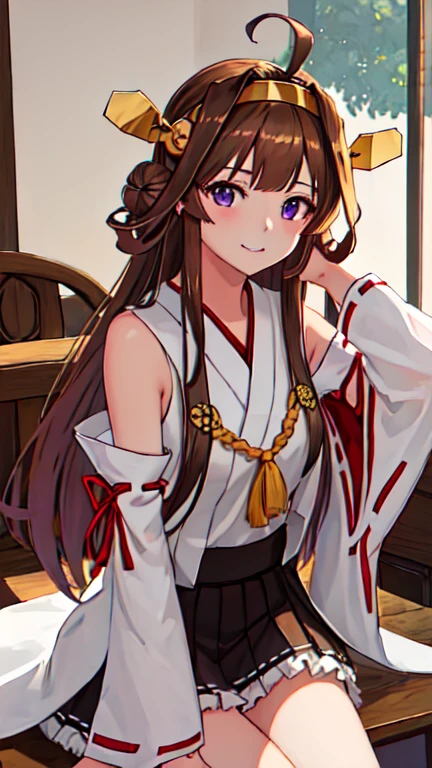 mejor calidad, Obra maestra, high resolution, solo, {Kongou_kantaiccollection:1.15}, Brown_cabello, Largo_cabello, ahogo, cabelloband, cabello_Bien, doble_Bien, headgear, sonrisa, No tradicional_Miko, purple_eyes, abierto_boca, 1 chica, separado_mangas, Japanese_ropa, mirando_en_espectador, cinta-recortarmed_mangas, cinta_recortar, superior_cuerpo