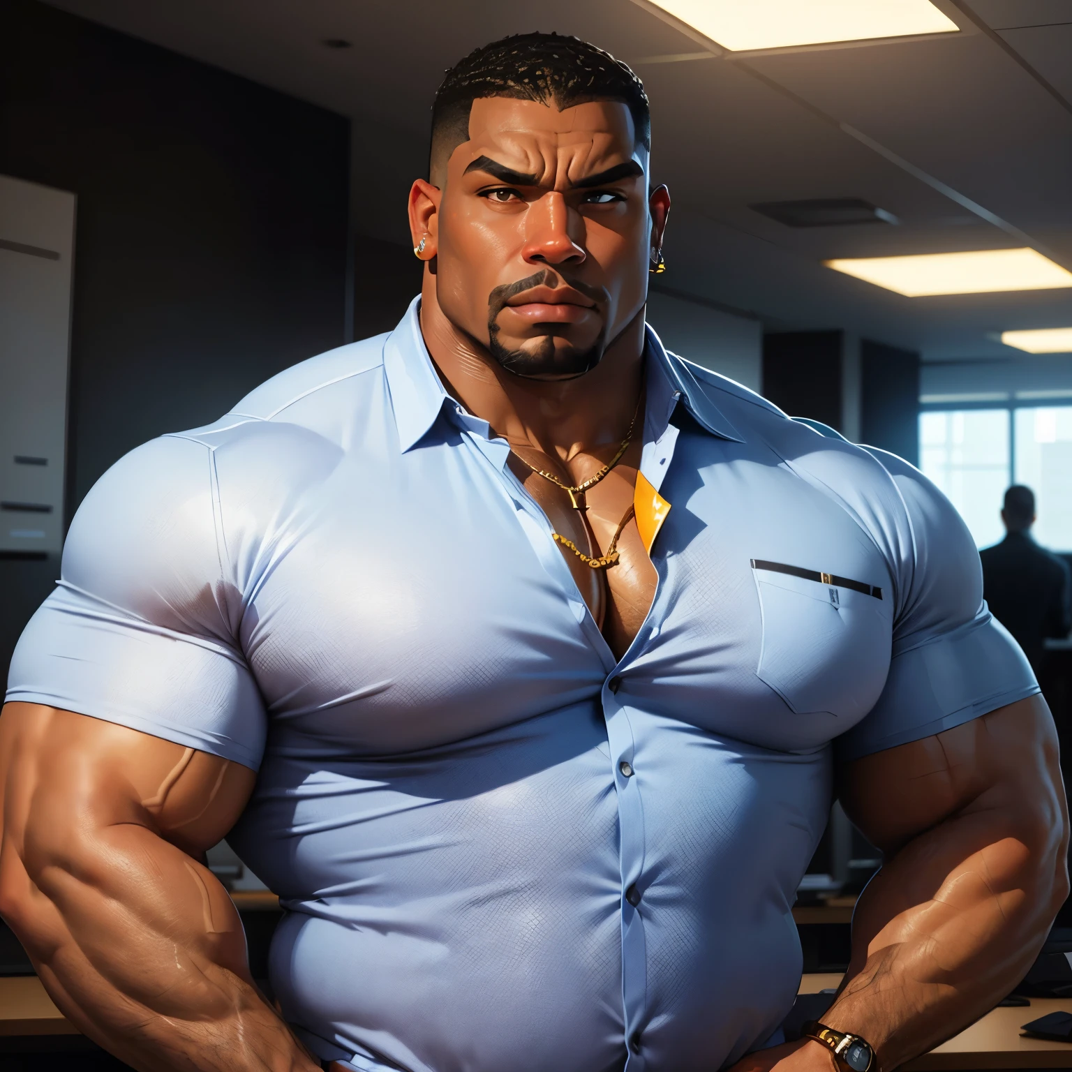 an exaggeratedly muscular and large bodyguard, beefy build, hefty, goatee, dark-skinned african american male, buzzcut hair with square line, (suspicious expression: 1.2), (wearing casual business shirt: 1.2), small company badge on shirt, (bara pecs: 1.3), beefy pecs, gold earrings, small gold necklace, arm tattoo, (arm and chest hair: 1.1), portrait HD, (fluorescent bright business office with large windows)