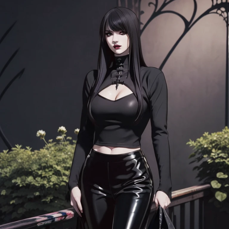 Manhwa goth girl, manhwa aesthetic, Looking at the audience, Light brown eyes:1.4, goth girl, Brunette long Bob Hair with highly detailed shiny hair, bright red clothes:1.4, Lepangas:1.4), illuminated skin (realistic texture), realistic shading, bright red eyes、{Huge|big chest|Huge|Mega} whole :2, Chest cleavage:2、(((Add highlights to the eyes:1.4、charming look 、Short Bob Hair、Glowing Skin:1.4、Looking at the audience、She is very beautiful and cute、Beautiful long neck, (cotton) black gothic shirt, latex tight pants, (converse) black sneakers, Ideal body type, (painted gothic Background:2、gothic garden background:2))、Beautiful long neck:1.4、(({Huge|big|Huge|Mega} chest, Chest cleavage:2、perfect Bodyは服を着ていない:1.6)),Perfect Anatomy, blade to side, strike pose, blade down, blade right hand, blurred background (masterpiece), best quality, high quality, highres, ultra-detailed), different poses at different angles.