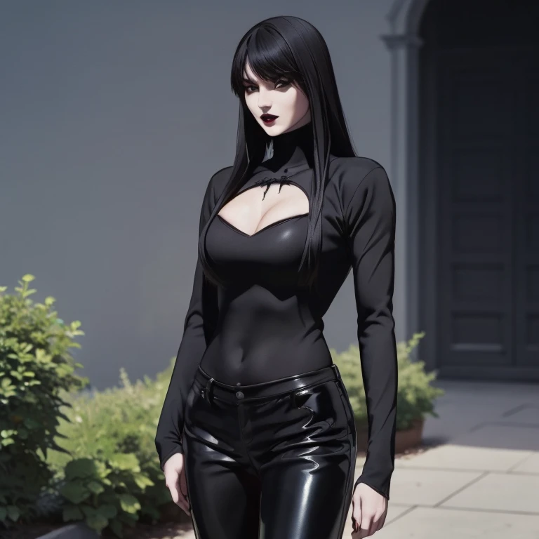 Manhwa goth girl, manhwa aesthetic, Looking at the audience, Light brown eyes:1.4, goth girl, Brunette long Bob Hair with highly detailed shiny hair, bright red clothes:1.4, Lepangas:1.4), illuminated skin (realistic texture), realistic shading, bright red eyes、{Huge|big chest|Huge|Mega} whole :2, Chest cleavage:2、(((Add highlights to the eyes:1.4、charming look 、Short Bob Hair、Glowing Skin:1.4、Looking at the audience、She is very beautiful and cute、Beautiful long neck, (cotton) black gothic shirt, latex tight pants, (converse) black sneakers, Ideal body type, (painted gothic Background:2、gothic garden background:2))、Beautiful long neck:1.4、(({Huge|big|Huge|Mega} chest, Chest cleavage:2、perfect Bodyは服を着ていない:1.6)),Perfect Anatomy, blade to side, strike pose, blade down, blade right hand, blurred background  (masterpiece), best quality, high quality, highres, ultra-detailed), different poses at different angles. 