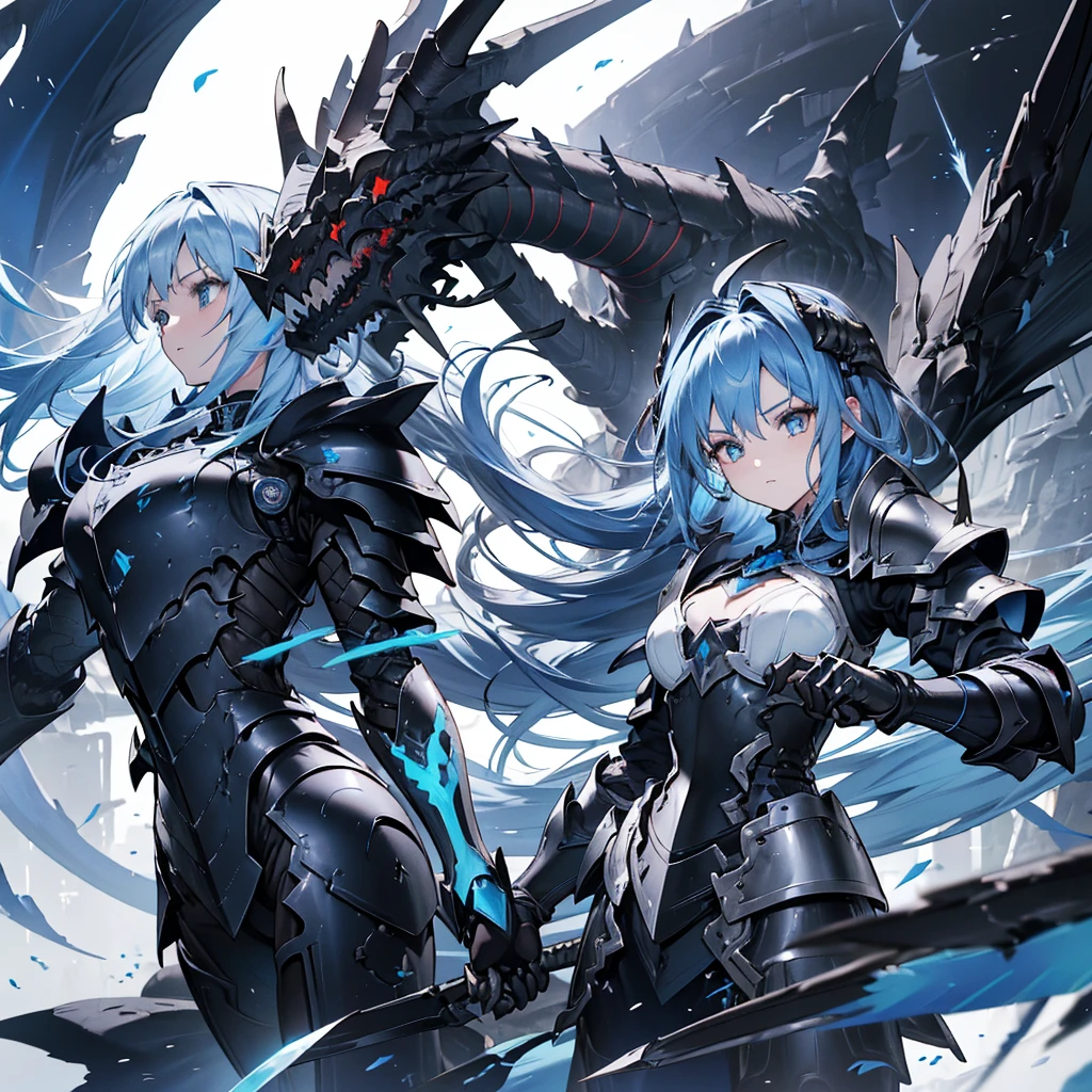 ((high resolution　Blue Hair　long髪　Black Armor　Dragon Knight　Lonely　despair))　((night　Western style　chest　Shining Aura　gloves))　(Big feather　Dance　Blade of Light　Holding a spear　Thunder Spear　long　Slashing)　night　star　Slashing　Catch the wind　