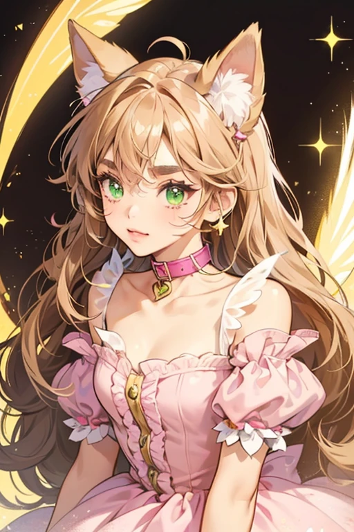 Cookie is a little kitty with light sand and brown-colored fur, a brown tail, green eyes with eyelashes, light brown eyebrows, a black nose, pink cookie fairy wings on her back, and She’s wearing a yellow collar with a pink heart attached to it on Around her neck. SPARKLE; GLITTER