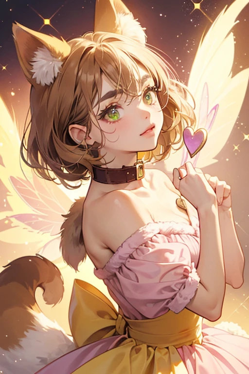 Cookie is a kitty with light sand and brown-colored fur, a brown tail, green eyes with eyelashes, light brown eyebrows, a black nose, pink cookie fairy wings on her back, and She’s wearing a yellow collar with a pink heart attached to it on Around her neck. SPARKLE; GLITTER