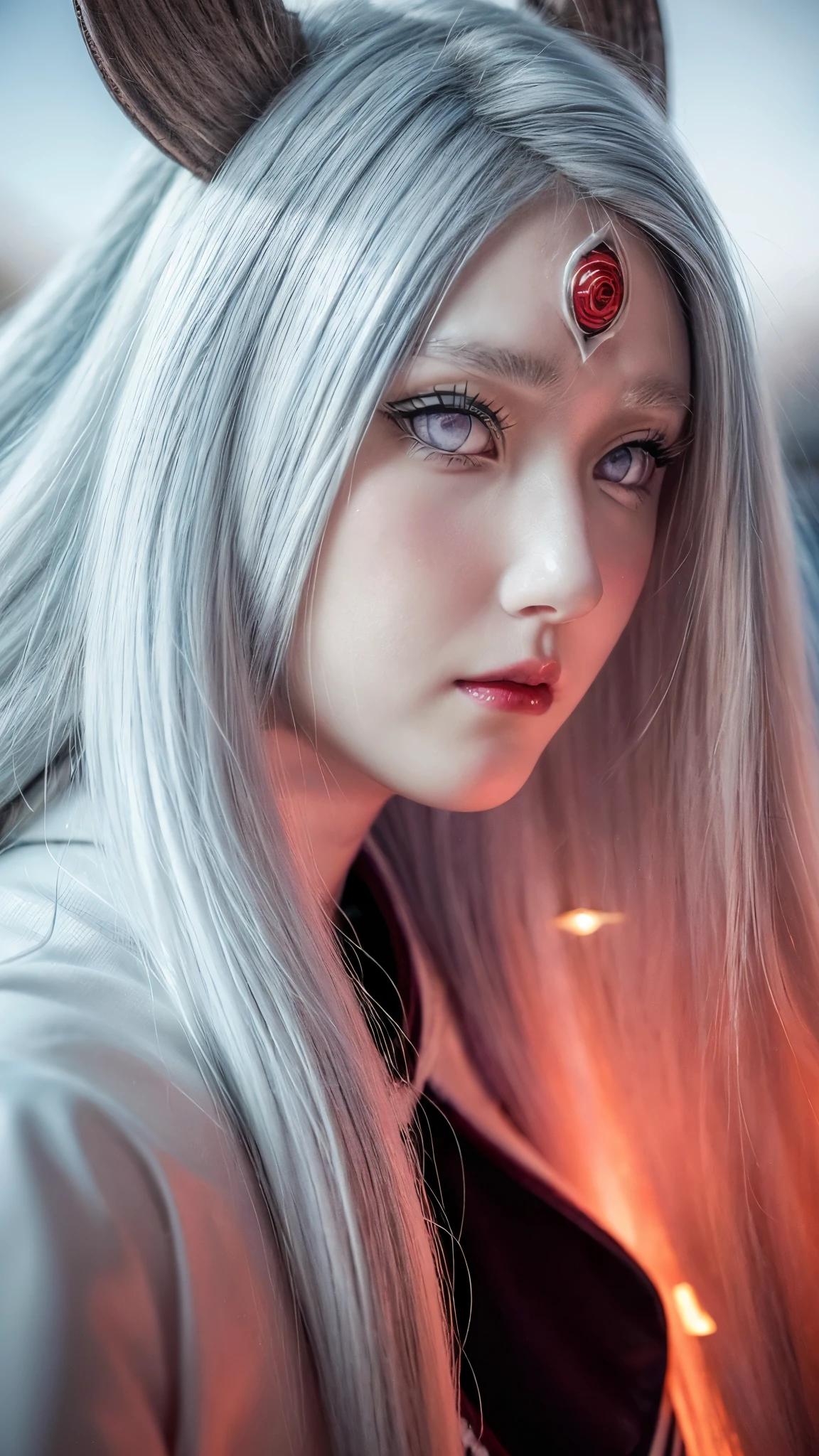 a close up of a person with long hair and a hoodie, otsutsuki kaguya, kaguya from anime naruto, as an anime character, perfect anime face, she has white hair with bangs, female anime character, anime character, anime best girl, hime cut hairstyle, white hair, (red glossy lips:1.3), white eyes, smile, city background, (beautiful face:1.3)