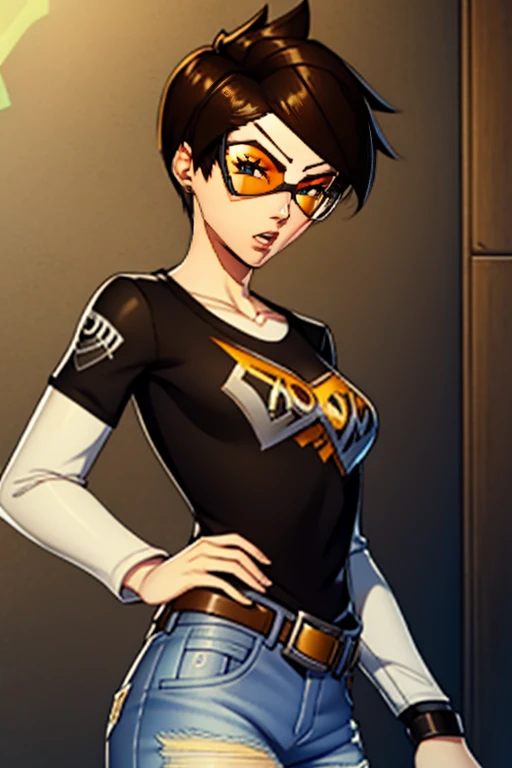 Tracer, goggles ,brown hair ,earrings, glossy lips ,1girl, solo, standing, black t-shirt, white shirt, jeans, belt, lipstick,