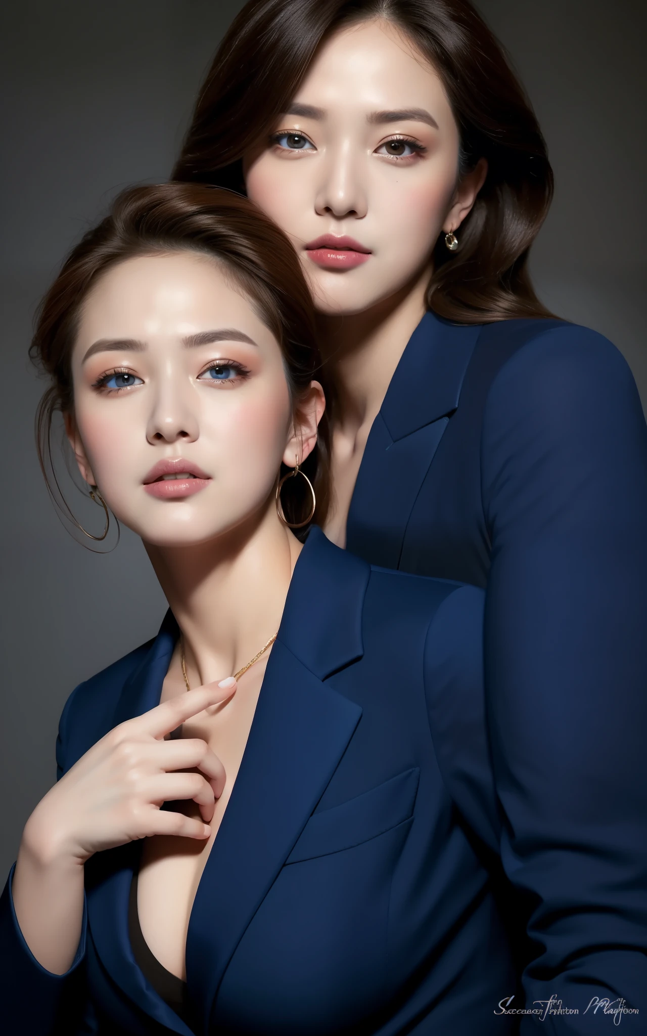 masterpiece,best quality, (1 milf), ((portrait:1.5)), makeup, glossy blue blazer, elegant black shirt, contrapposto, ((seduction expression)),