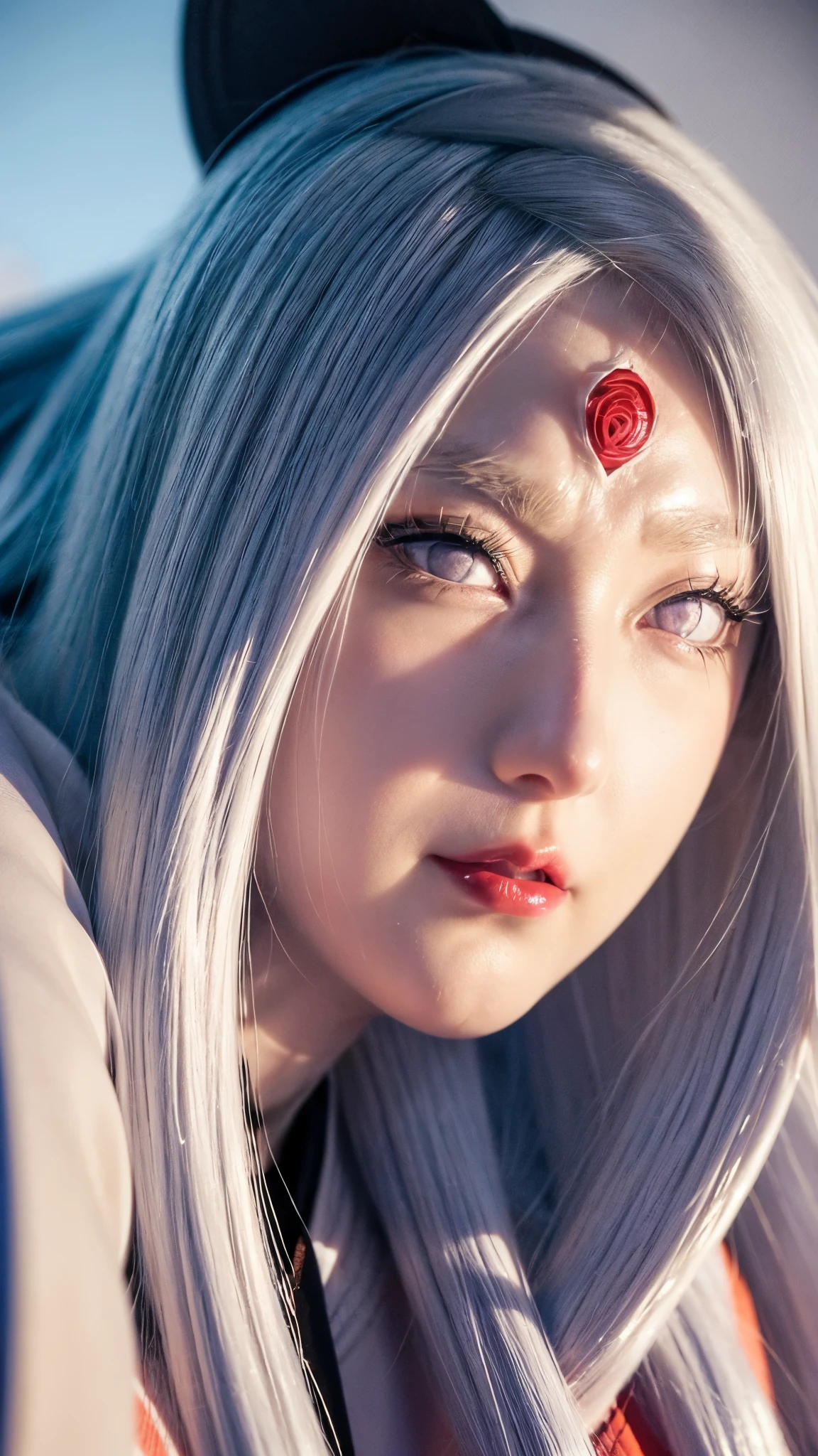 a close up of a person with long hair and a hoodie, otsutsuki kaguya, kaguya from anime naruto, as an anime character, perfect anime face, she has white hair with bangs, female anime character, anime character, anime best girl, hime cut hairstyle, white hair, (red glossy lips:1.3), white eyes, smile, city background, (beautiful face:1.3)