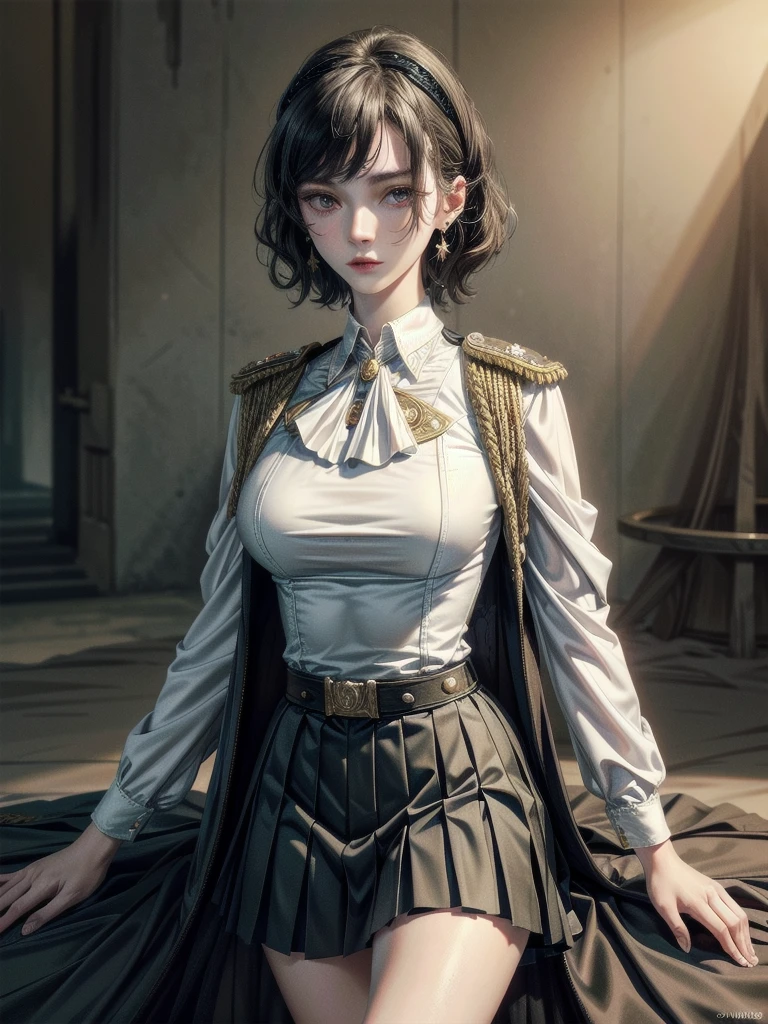 military uniform, absurdres, RAW photo, extremely delicate and beautiful, masterpiece, Best Quality, ultra high resolution, 32k, hyperrealistic, ultra-detailed, detailed description, pale skin, 20 years old, tearful mole, earring, Colossal tits, short medium hair, wavy hair, pleated skirt,