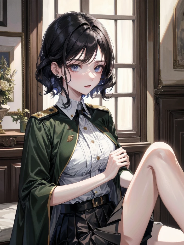 military uniform, absurdres, RAW photo, extremely delicate and beautiful, masterpiece, Best Quality, ultra high resolution, 32k, hyperrealistic, ultra-detailed, detailed description, pale skin, 20 years old, tearful mole, earring, Colossal tits, short medium hair, wavy hair, pleated skirt,