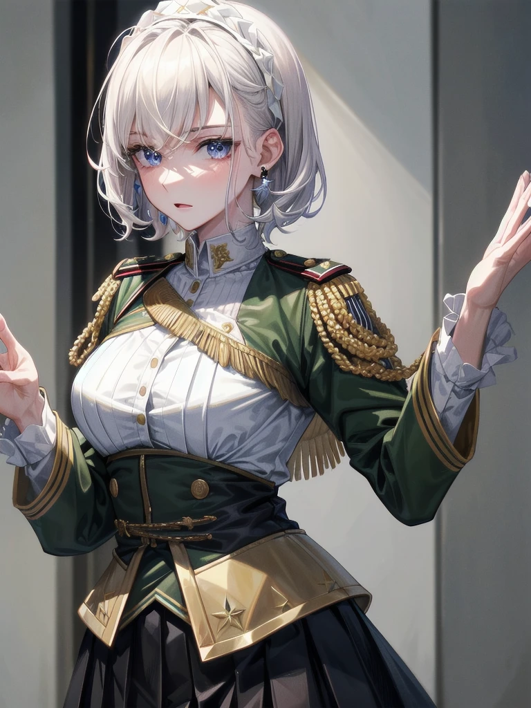 military uniform, absurdres, RAW photo, extremely delicate and beautiful, masterpiece, Best Quality, ultra high resolution, 32k, hyperrealistic, ultra-detailed, detailed description, pale skin, 20 years old, tearful mole, earring, Colossal tits, short medium hair, wavy hair, pleated skirt,