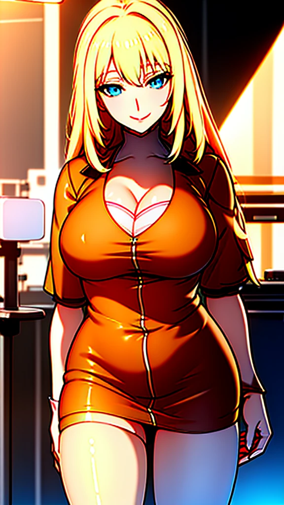 (best quality:1.5, highres, UHD, 4K, detailed lighting, shaders, perfect hand anatomy), blonde straight hair, busty, nurse outfit, cleavage, thighs, smiling, pov, close shot, standing, hospital background