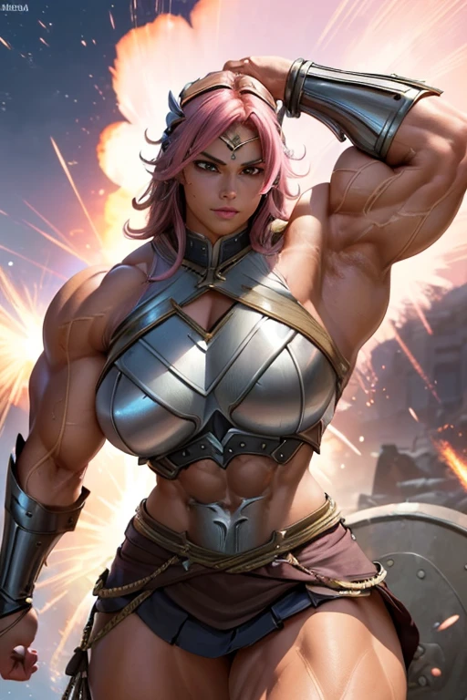 ((((Massive, tall, beautiful, buff, muscular brown skinned female Valkyrie with shocking pink hair, ginormous bulky muscles, flexing a bicep and wearing an all shocking pink gleaming Valkyrie armor and pleated skirt)))), (close view), black eyeliner, massive muscles, massive biceps, hyper muscle triceps, (angled bob cut), red eyes, valkyrie boots, In heaven, steel Valkyrie armor, armor breastplate, nighttime, confident smile, (hyper muscles arms), hyper muscle legs, (ginormous arms)