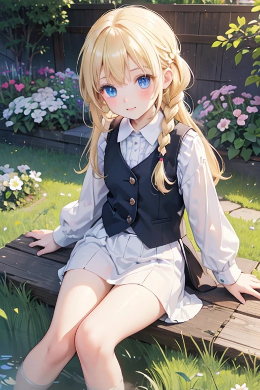 (8k, highest quality, Tabletop:1.2)、Ultra-high resolution、One ***************, Perfect Fingers, Detailed face, Blushing, blue eyes, Blonde, Braid, White panties, White blouse, Black vest, garden, flower bed, Sitting on the grass