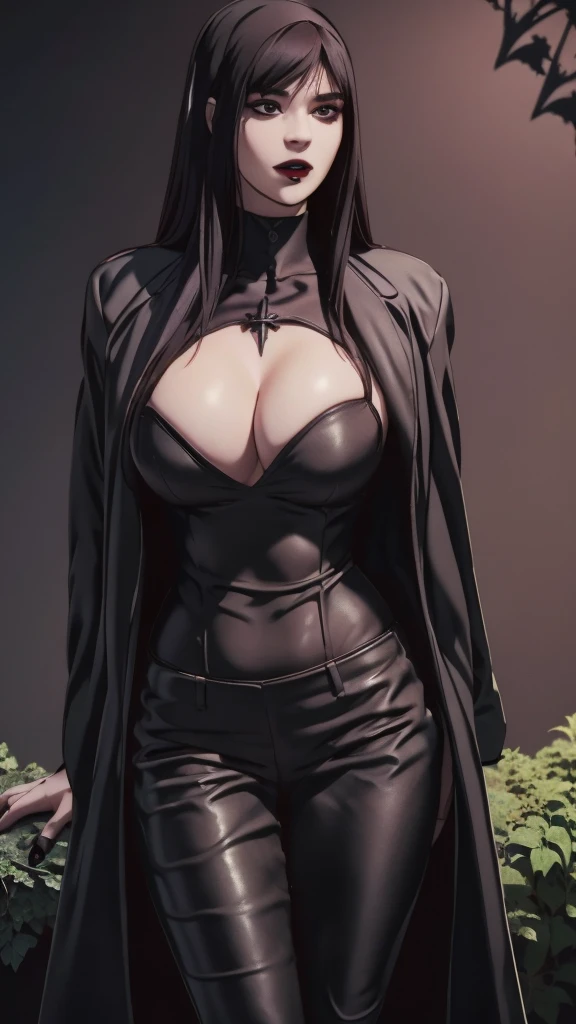 Manhwa goth girl, manhwa aesthetic, Looking at the audience, Light brown eyes:1.4, goth girl, Brunette long Bob Hair with highly detailed shiny hair, bright red clothes:1.4, Lepangas:1.4), illuminated skin (realistic texture), realistic shading, bright red eyes、{Huge|big chest|Huge|Mega} whole :2, Chest cleavage:2、(((Add highlights to the eyes:1.4、charming look 、Short Bob Hair、Glowing Skin:1.4、Looking at the audience、She is very beautiful and cute、Beautiful long neck, (cotton) black gothic shirt, latex tight pants, (converse) black sneakers, Ideal body type, (painted gothic Background:2、gothic garden background:2))、Beautiful long neck:1.4、(({Huge|big|Huge|Mega} chest, Chest cleavage:2、perfect Bodyは服を着ていない:1.6)),Perfect Anatomy, blade to side, strike pose, blade down, blade right hand, blurred background  (masterpiece), best quality, high quality, highres, ultra-detailed), different poses at different angles. 