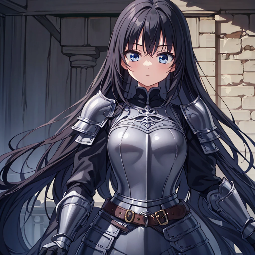 Best image quality，((Best animation quality))，A masterpiece of exquisite detail，alone，(Medium display)，Upper Body，woman，(Wearing medieval armor，Black Armor)，Dignity，Long flowing black hair，Iris，In front of the Union Jack，Cool feeling