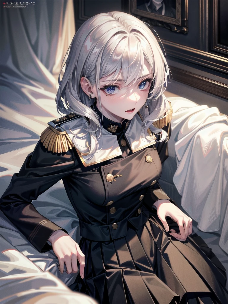 military uniform, absurdres, RAW photo, extremely delicate and beautiful, masterpiece, Best Quality, ultra high resolution, 32k, hyperrealistic, ultra-detailed, detailed description, pale skin, 20 years old, tearful mole, earring, Colossal tits, short medium hair, wavy hair, pleated skirt,