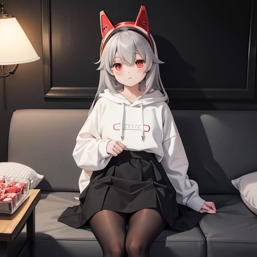 Sleepily holding a card,Red Eye,Dimly lit room,Cute sweets,(Oversized off-white hoodie,Black long skirt,Grey tights),Headgear