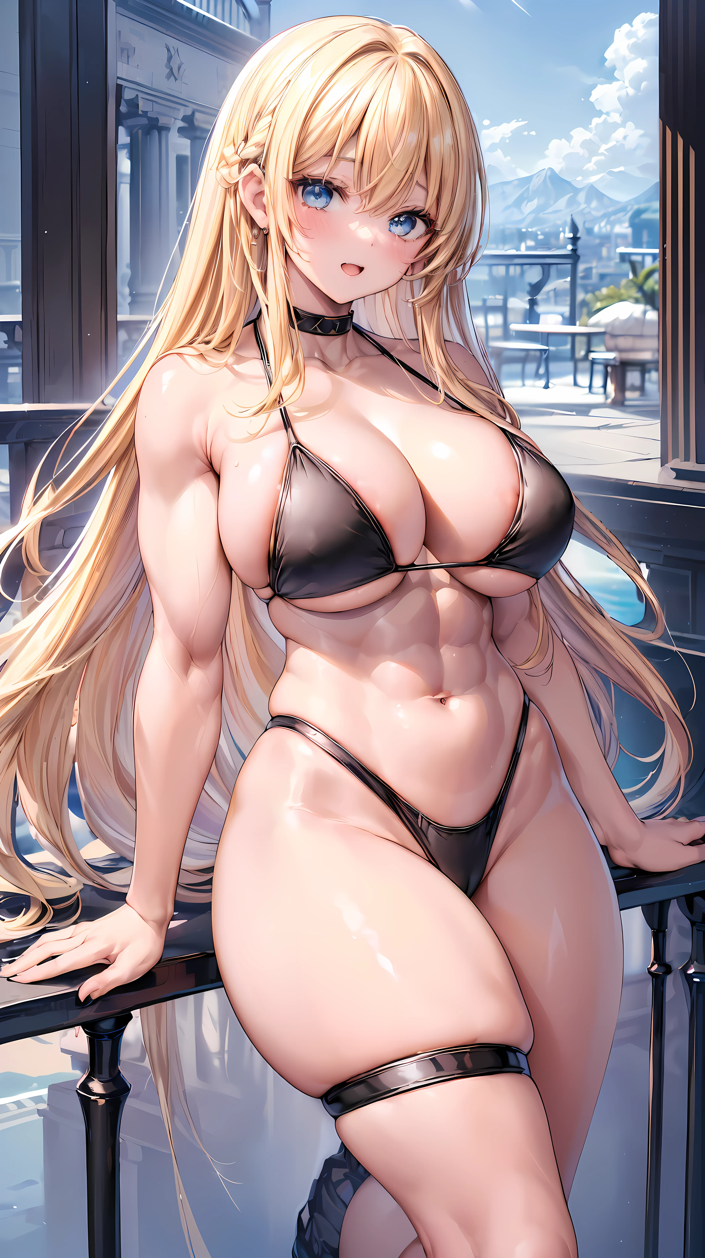 Very detailed、highest quality、Best image quality、masterpiece、8k、Anime Face、A kind smile、(Open your mouth:1.3)、Sparkling blue eyes、(Blonde semi-long hair:1.5)、(Muscles of the whole body:1.3)、(High leg:2.0)、Thigh belt、(Black high-cut bikini:1.5)、(Upper body photo:1.5)、(SFW Giant)、(Thick body:1.2)