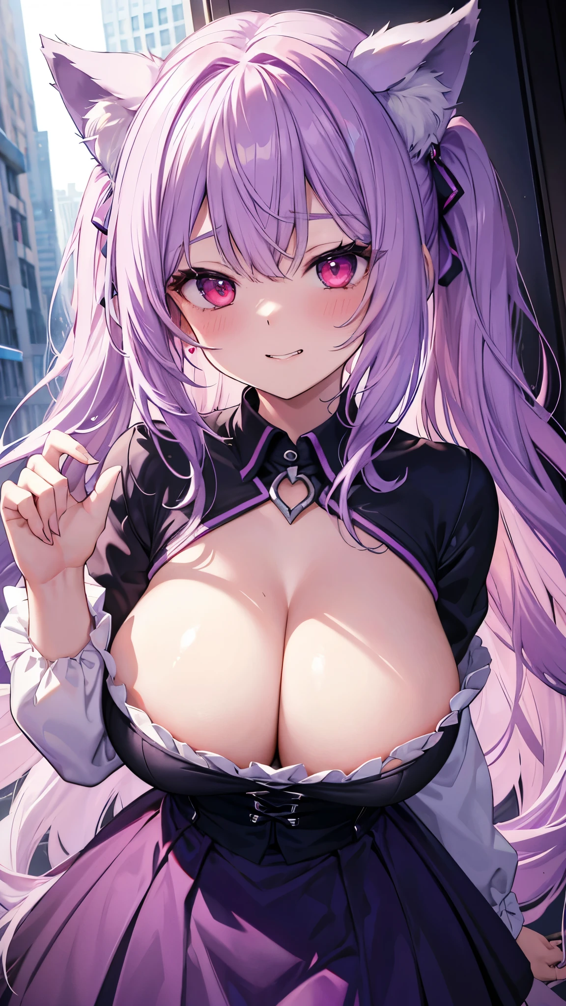 Wolf Woman, Big Breasts, Voluminous light purple hair, One girl, masterpiece , Red eyes、Double teeth、tooth、Blushed cheeks、 hd, Head to Chest, buried in my chest、Underbust、Cleavage、Cheerleader、Big Tits、Open your mouth wide、Grin