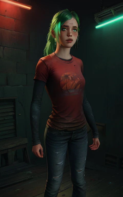 red shirt, long sleeves, standing, neon lights, night, looking at viewer, blue jeans, solo, Rhea, light green hair