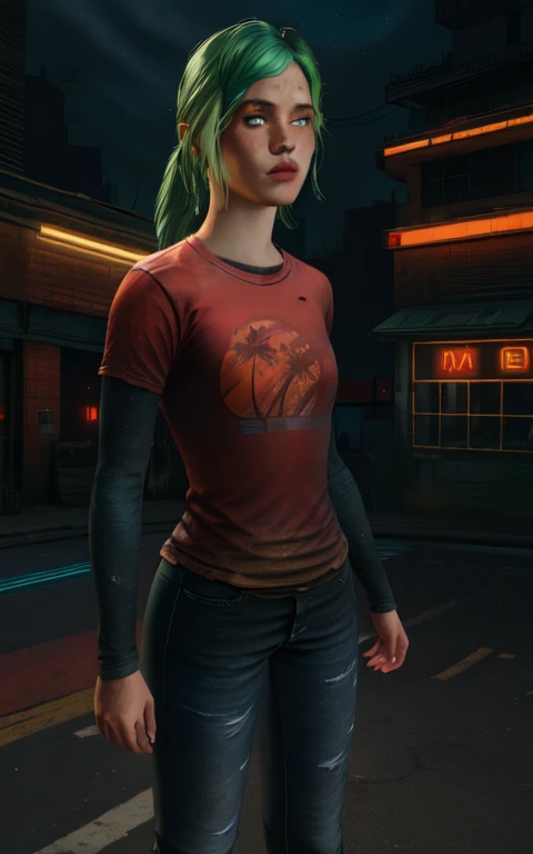 red shirt, long sleeves, standing, neon lights, night, looking at viewer, blue jeans, solo, Rhea, light green hair
