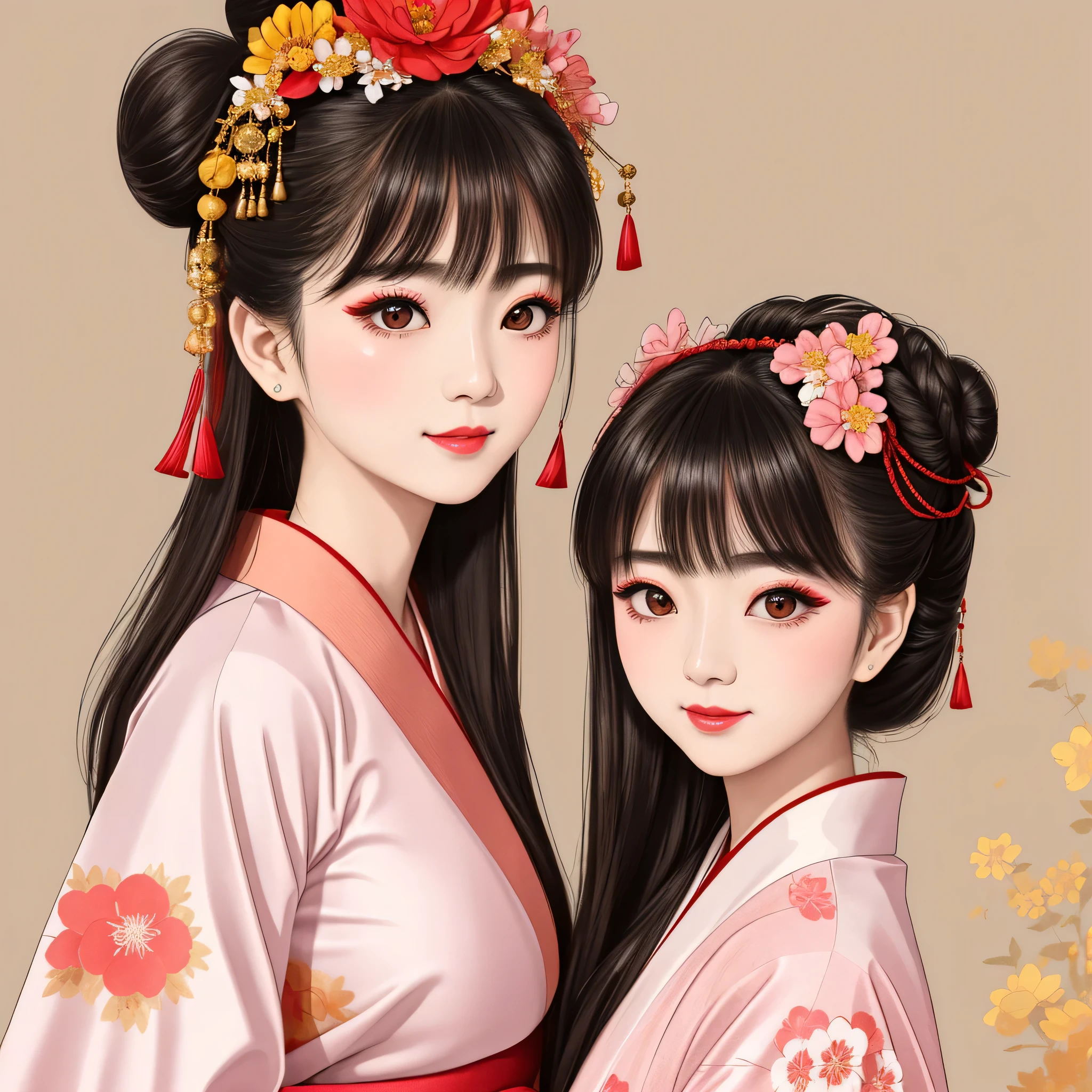 Each has a different expression2People and sisters、(2 girls)、⦅Dancing traditional arts with grace)、((Big Breasts、Small Face、Not exposed))、highest quality、masterpiece、(Black Hair、Bun Hair)、Brown Eyes、⦅Wide angle、Angle from above the waist、Pause on the magazine cover、Their gazes are different, gazing into the distance⦆、(8K High Quality、masterpiece、High resolution、Realistic and beautiful light and shadow、(highest quality)、(High Resolution)、(Very delicate and beautiful)、(Beautiful 8k face)、(With a smile、Beautiful eyes)、(Clear skin)、(Soft hair)、(8Head to Body)、(A Japanese style yukata kimono with red, pink and orange floral patterns on a white background, interspersed with gold powder、Wearing a yukata2Beautiful Japanese girls)、((Tanabata decoration background))、((Small Face))、(arms up)、Thin and small nose、(Red lipstick)、(Make your cheeks red)、(Glossy skin)、((Ink painting style))、Very thin eyebrows、Overall ultra-high image quality、(She is wearing maiko-style makeup.)、Whitening、Long and beautiful eyelashes、Glowing Skin、(Red cheeks),Straight nose、masterpiece、highest quality、whole body、 Eyebrows visible through hair、Bun Hair、Grin、Gal、Gal、Viewer's Eyes、Plaid、Stylish、woman、fine、Pause、
Waiting to start